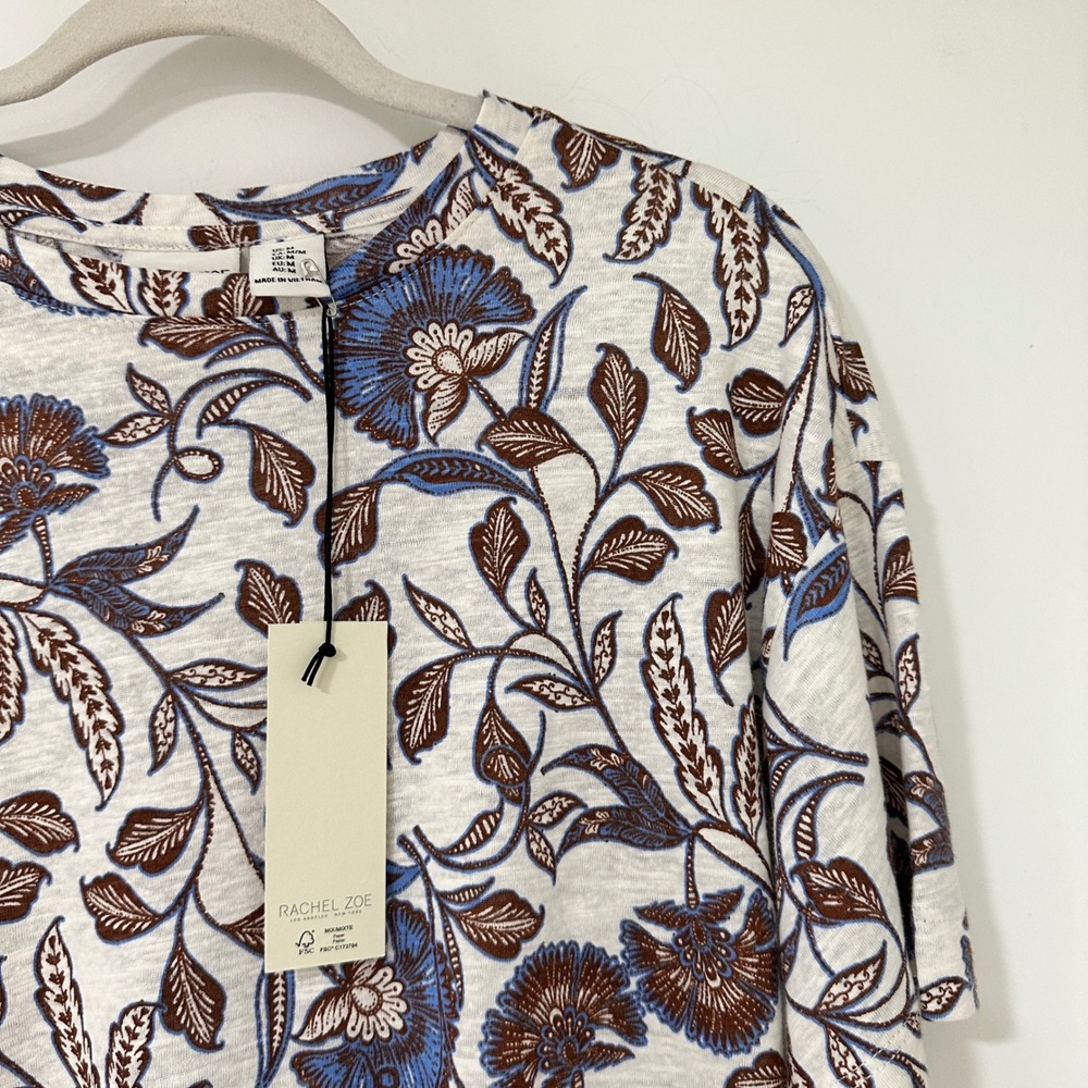Rachel Zoe Linen Blend Floral Print T-Shirt Women Medium Blue Brown Short Sleeve